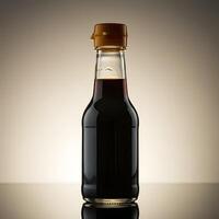 Dark glass bottle with golden a cap on reflective surface under soft gradient lighting in minimalist composition photo