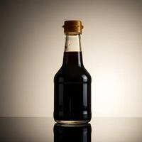 Dark glass bottle with golden cap on reflective surface under soft gradient lighting in minimalist composition photo