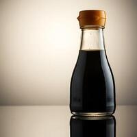 Dark glass bottle with golden cap on a reflective surface under soft gradient lighting in minimalist composition photo