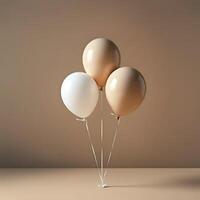 Beige and white balloons floatings with delicate ribbons against neutral background minimal elegant party decor concept photo