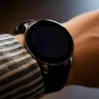 Close up of modern smart watch on a persons wrist with blank black screen photo