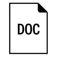 Icon of a DOC document file with a folded corner and bold uppercase text. Clean black-and-white design on white background, ideal for digital documents, office templates, or website graphics. vector