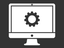 A dark gray computer monitor displays a bold black gear icon on a bright white screen. Symbolizes settings, configuration, or tech interfaces for software, apps, or operating systems. vector