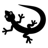 Black silhouette of a gecko with a long tail and four legs on white background. Head faces top left corner, featuring small round eyes at center. vector