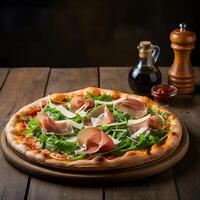 Gourmet Italian pizza with prosciutto arugula parmesan on wooden table rustic dining setting authentic Neapolitan flavors photo