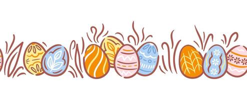 A seamless horizontal border featuring beautifully decorated Easter eggs nestled in lush grass. intricate patterns of the eggs create a joyful, festive atmosphere, perfect for spring celebrations. vector