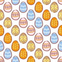 A seamless pattern of Easter eggs. Each egg features unique hand-drawn designs, showcasing a variety of colors and patterns. Perfect for adding a playful touch to spring-themed projects. vector