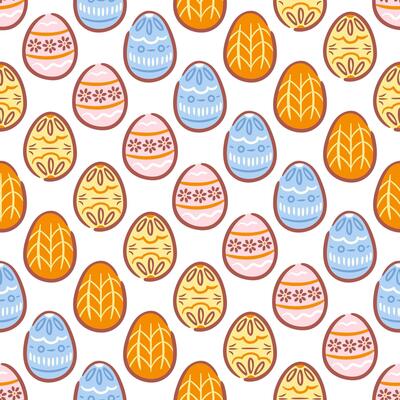 A seamless pattern of Easter eggs. Each egg features unique hand-drawn designs, showcasing a variety of colors and patterns. Perfect for adding a playful touch to spring-themed projects.