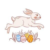 A whimsical Easter bunny leaps over a hill of colorful Easter eggs in a playful sketch style. The scene captures the joy and spirit of Easter, filled with bright hues and cheerful designs. vector