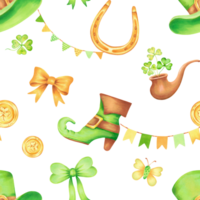 Seamless pattern with top hat, golden horseshoe and coin, clover,boot and pipe for St. Patrick's Day. Watercolor illustration. Hand drawn isolated background. Symbol of good luck, wealth or success png