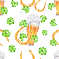 Seamless pattern with a glass of beer with a golden horseshoe and clover petals for St. Patrick's Day. Watercolor illustration. Symbol of good luck, wealth or success. Hand drawn isolated background png