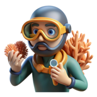 elegant rustic Diver Examining Coral Cutout Close Up View professional png