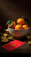 Fresh tangerines with green leaves in ceramic bowl golden ingots red envelope symbolize prosperity luck Chinese New Year photo