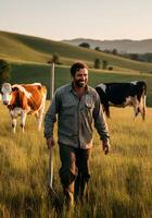 Rural farmer in denim workwear smiling while tending cattle in golden hour countryside pasture for sustainable agriculture photo