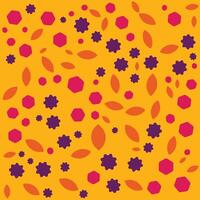 A pattern of flowers and leaves in a bright orange background. The flowers are in various sizes and colors, including purple and orange vector