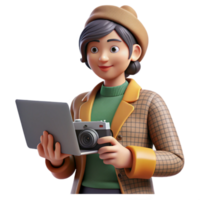 stunning contemporary Fashion Blogger with Camera and Laptop Isolated authentic png
