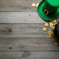 A Green leprechaun hat with gold coins on rustic wooden table St Patricks Day background with empty space photo