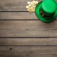 A Green leprechaun hat with gold coins on a rustic wooden table St Patricks Day background with empty space for text photo