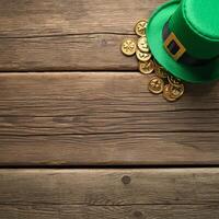 Green leprechaun hat with gold coins on the rustic wooden table St Patricks Day background with empty space for design photo