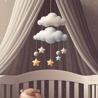 Minimalist baby nursery mobile with soft felt stars and a cloud wooden crib dreamy neutral tones cozy newborn room photo