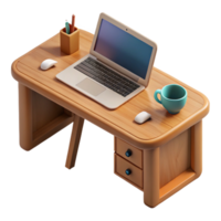 elegant artistic Wooden Desk with Laptop and Coffee Mug Top View Transparent Background high quality png