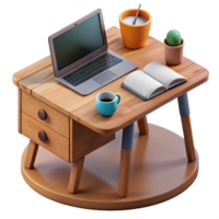 dramatic rustic Wooden Desk with Laptop and Coffee Mug Top View Transparent Background professional png