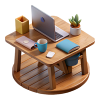 impressive rustic Wooden Desk with Laptop and Coffee Mug Top View Transparent Background detailed png