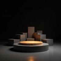 Image shows a simple elegant gold and black circular display platform against a dark background photo