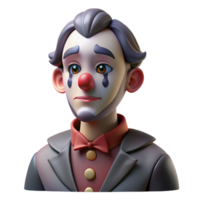 vibrant vintage Portrait of a melancholic clown with smeared makeup, a single tear rolling down their cheek, dim stage lighting, dark fantasy style, exclusive png