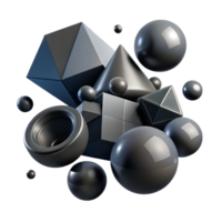 dramatic classic A field of floating, geometric shapes - cubes, spheres, and pyramids - in shades of matte black and gray, with dramatic, low-key lighting high resolution png