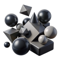magnificent rustic A field of floating, geometric shapes - cubes, spheres, and pyramids - in shades of matte black and gray, with dramatic, low-key lighting high quality png