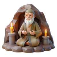elegant rustic A wise old hermit meditating in a secluded cave, soft candlelight, zen style authentic png
