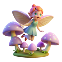 serene rustic A mischievous pixie with iridescent wings hovering over a field of glowing mushrooms, soft focus, children's book illustration detailed png