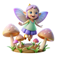 stunning abstract A mischievous pixie with iridescent wings hovering over a field of glowing mushrooms, soft focus, children's book illustration original png