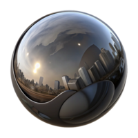 extraordinary artistic A single, perfect sphere of polished obsidian, reflecting a distorted cityscape, with dramatic, Rembrandt-style lighting original png