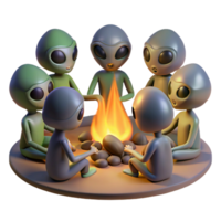 stunning minimalist A group of aliens gathered around a campfire, warm, firelight, tribal style high quality png