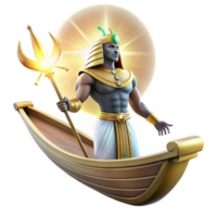 dramatic rustic A powerful Egyptian god Ra sailing across the sky in his solar barque, ancient Egyptian papyrus style, bright lighting, 4K png
