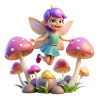 elegant vintage A mischievous pixie with iridescent wings hovering over a field of glowing mushrooms, soft focus, children's book illustration high quality png