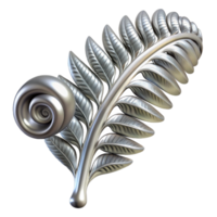 serene classic A single, unfurling fern frond made of polished chrome, reflecting distorted images of its surroundings, with soft, ambient lighting genuine png