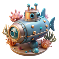 extraordinary minimalist A steampunk submarine exploring a coral reef filled with bioluminescent creatures, intricate details of rivets and portholes visible, cool, underwater lighting original png