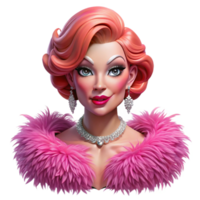 stunning rustic Portrait of a glamorous drag queen with extravagant makeup and a feather boa, vibrant stage lighting, pop art style, authentic png