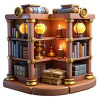 stunning creative A steampunk library, with shelves filled with leather-bound books and glowing orbs, illuminated by the soft light of gas lamps. Warm lighting, Victorian style professional png