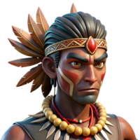 wonderful classic Portrait of a tribal warrior adorned with vibrant face paint and feathers, dappled sunlight filtering through a forest canopy, National Geographic style original png