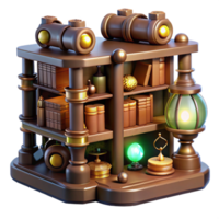 stunning abstract A steampunk library, with shelves filled with leather-bound books and glowing orbs, illuminated by the soft light of gas lamps. Warm lighting, Victorian style professional png