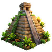 serene creative An ancient Mayan pyramid, overgrown with jungle vegetation, dramatic sunset lighting, realistic rendering authentic png