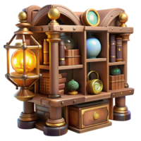 impressive traditional A steampunk library, with shelves filled with leather-bound books and glowing orbs, illuminated by the soft light of gas lamps. Warm lighting, Victorian style detailed png