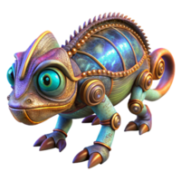 serene minimalist A steampunk chameleon with skin that shifts between intricate clockwork patterns, illuminated by a shifting, multicolored light exclusive png