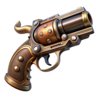 impressive artistic A sleek steampunk pistol with intricate engravings and a pearl handle, lying on a mahogany table, sharp lighting, film noir style high resolution png