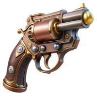 serene abstract A sleek steampunk pistol with intricate engravings and a pearl handle, lying on a mahogany table, sharp lighting, film noir style 4K png