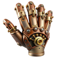 magnificent minimalist A close-up of a steampunk prosthetic hand, crafted from polished brass and copper, intricate gears and wires visible, sharp, focused lighting exclusive png